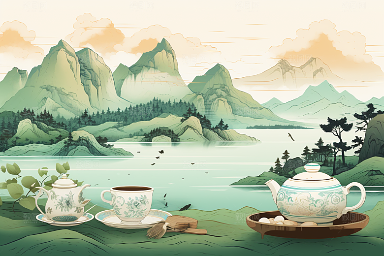 茶壶山水中国风国画插画