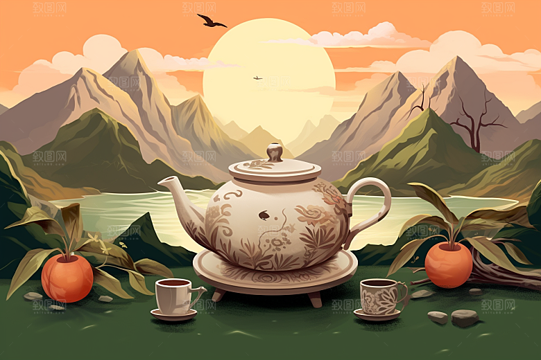 茶壶山水水墨手绘插画