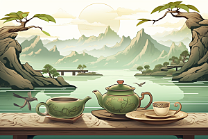 茶壶山水写实艺术中国风插画