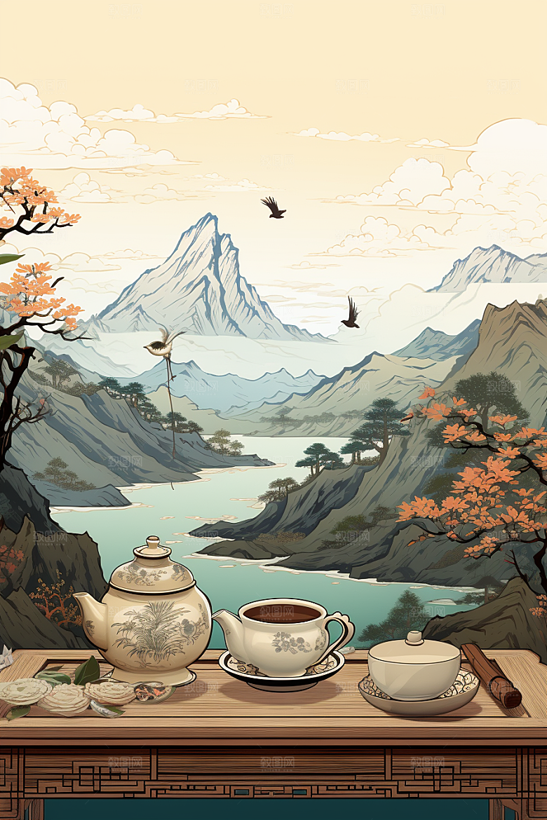 茶壶山水水墨中国风插画