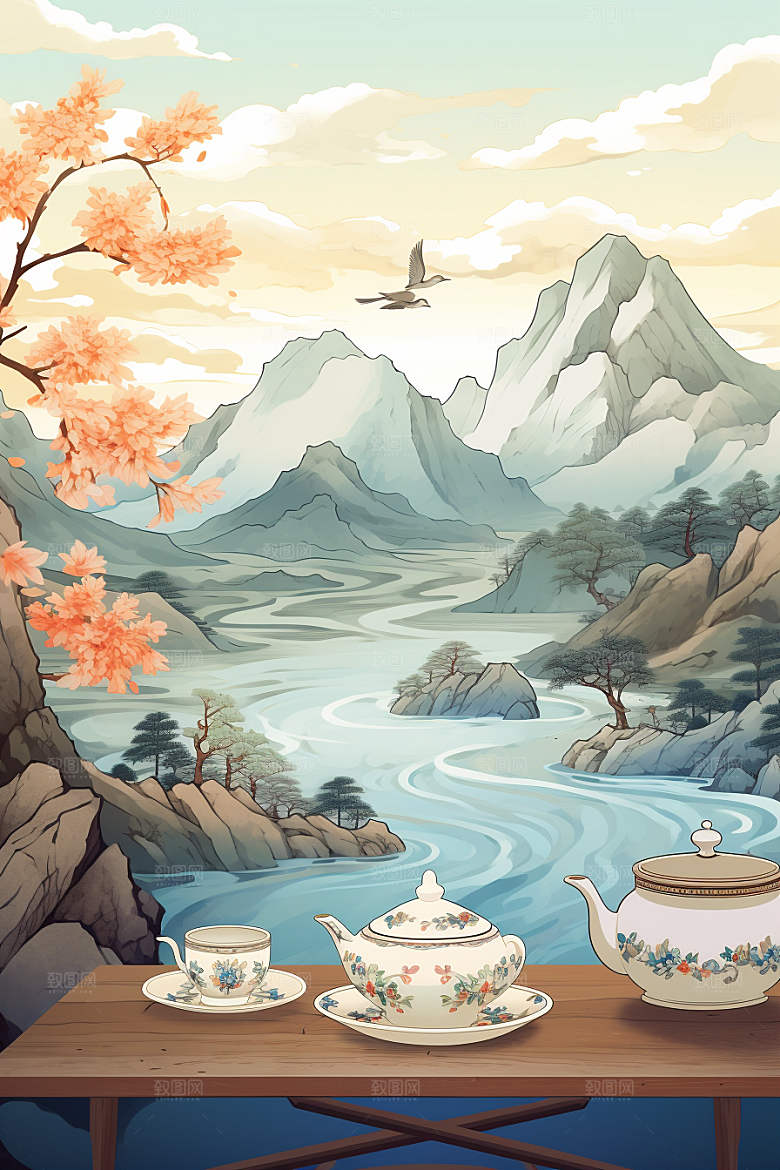 茶壶山水国画风景插画