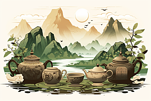 茶壶山水水墨风景插画