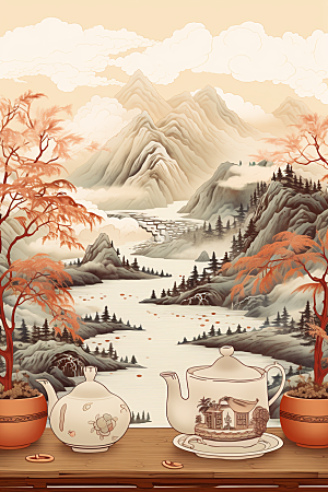茶壶山水国画中国风插画