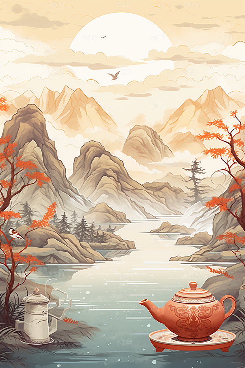 茶壶山水国画手绘插画