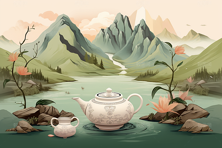 茶壶山水国画水墨插画