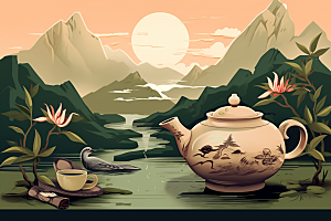 茶壶山水风景中国风插画