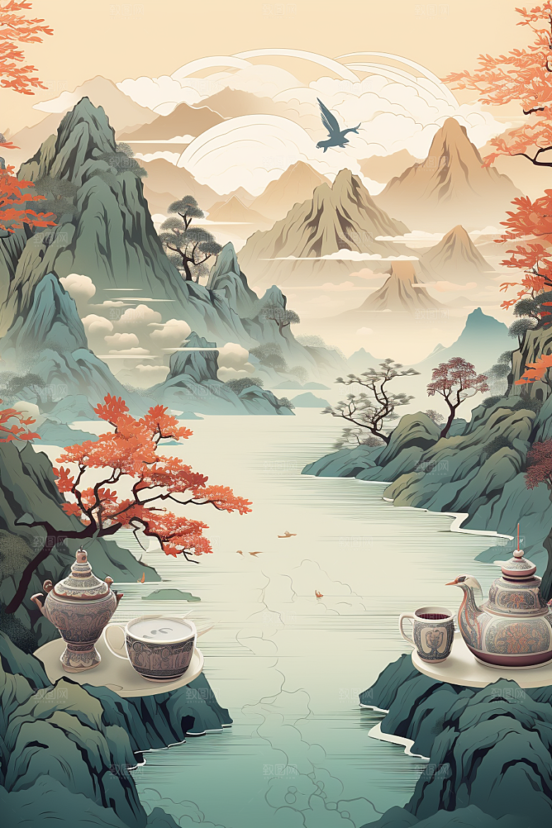 茶壶山水写实艺术中国风插画