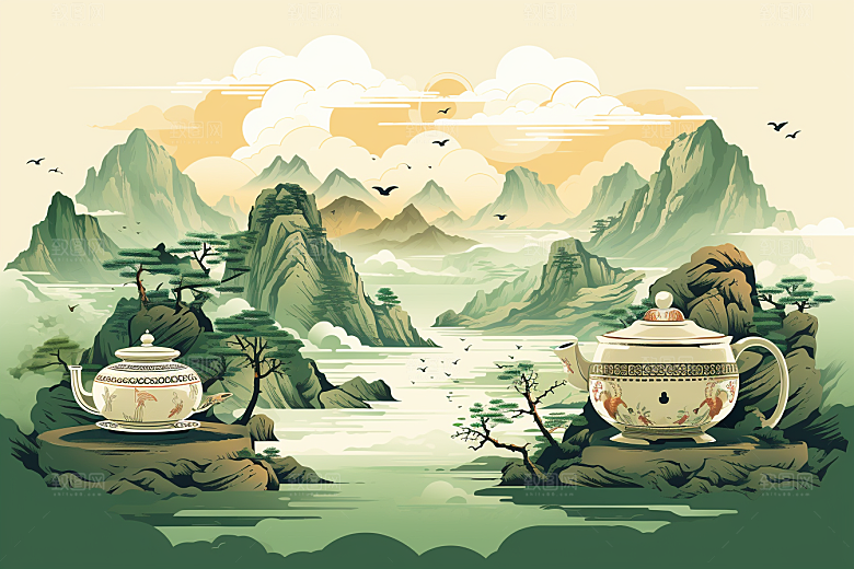 茶壶山水水墨手绘插画