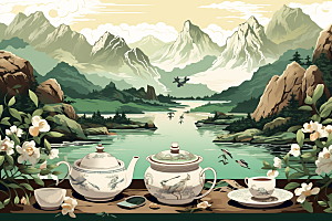 茶壶山水手绘水墨插画