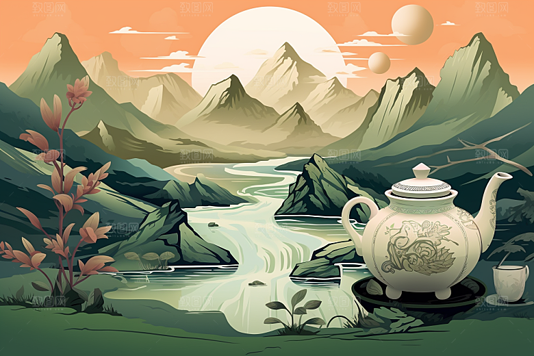 茶壶山水水墨风景插画