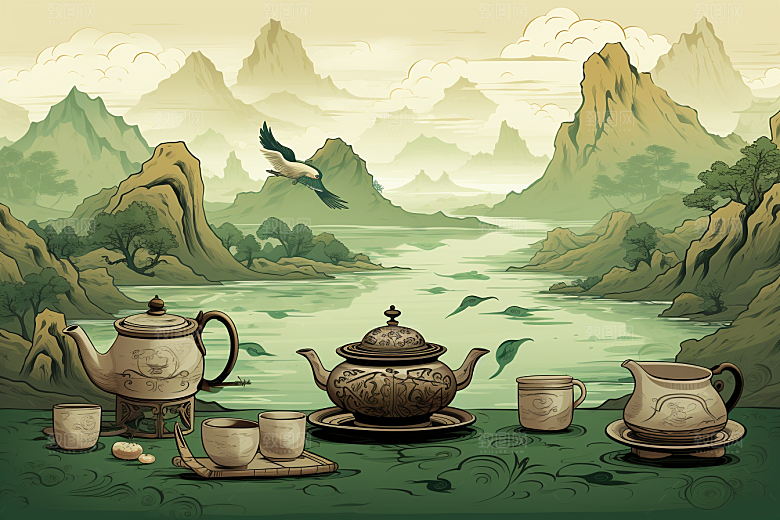 茶壶山水中国风风景插画
