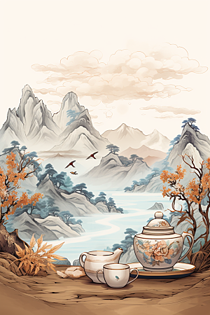 茶壶山水水墨中国风插画