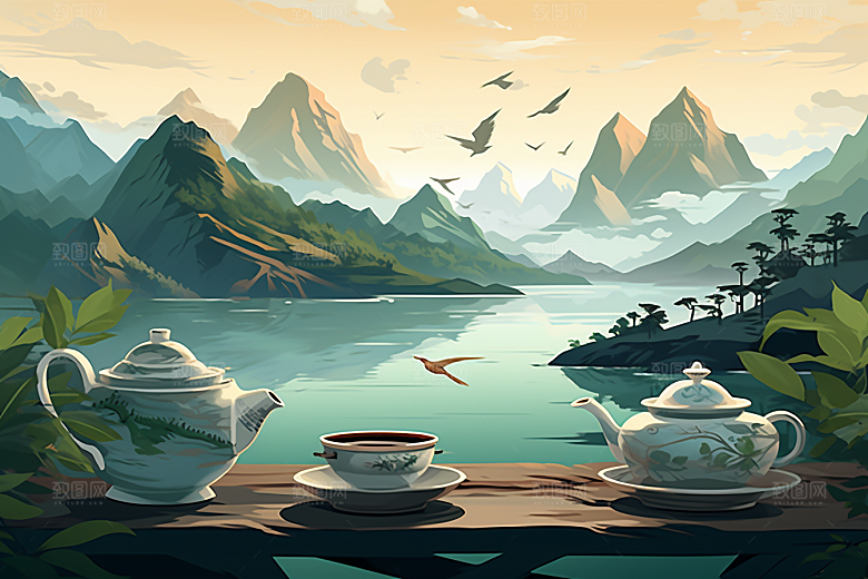 茶壶山水手绘风景插画