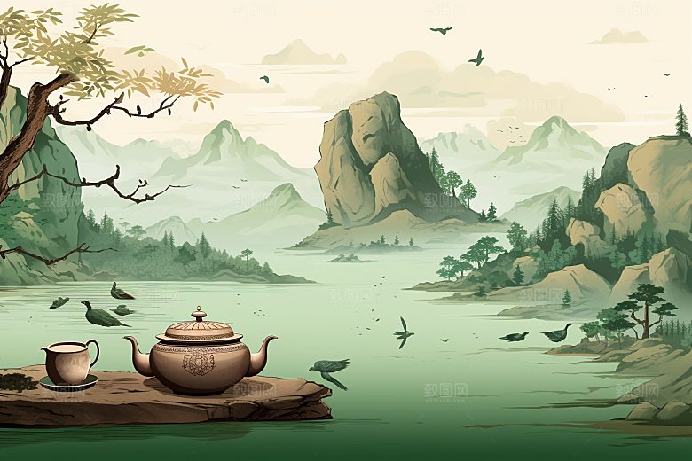 茶壶山水国画风景插画