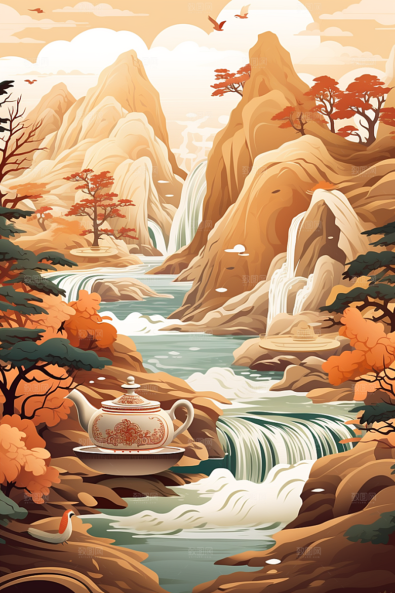 茶壶山水中国风国画插画