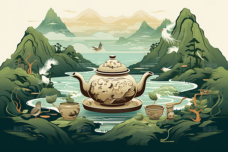 茶壶山水风景手绘插画