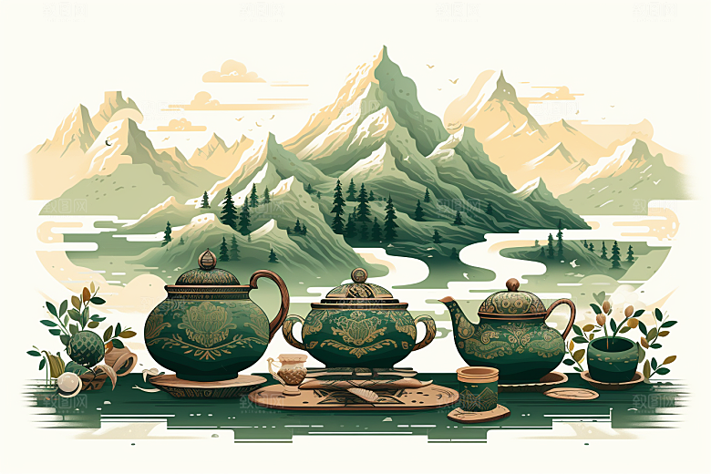 茶壶山水水墨中国风插画