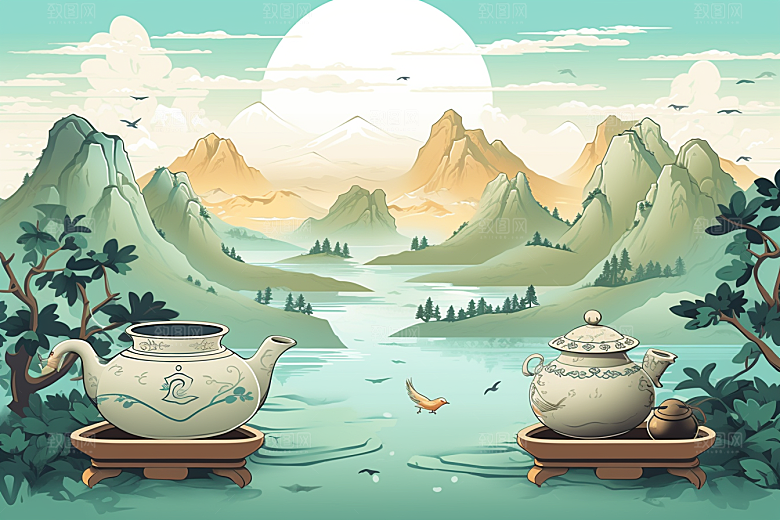 茶壶山水水墨写实艺术插画