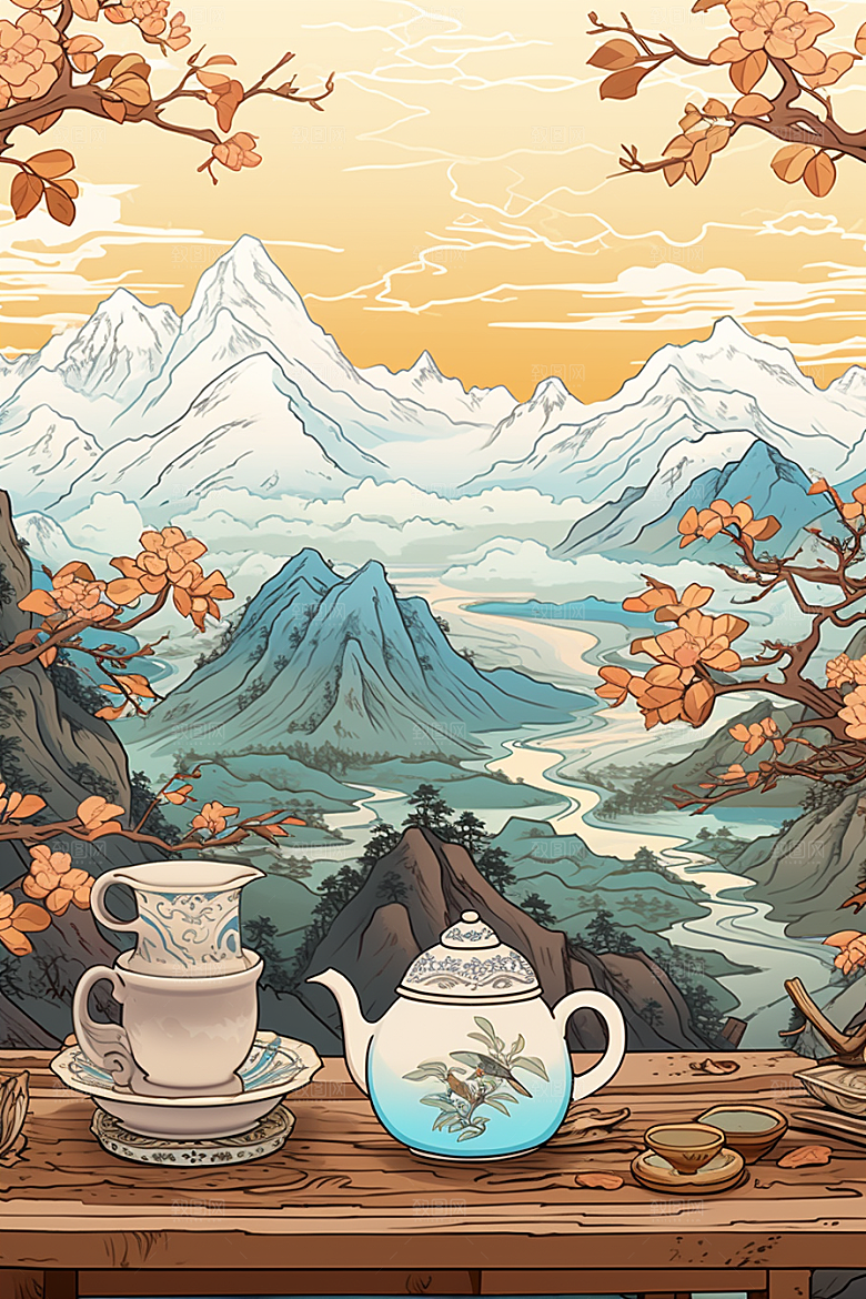 茶壶山水风景中国风插画