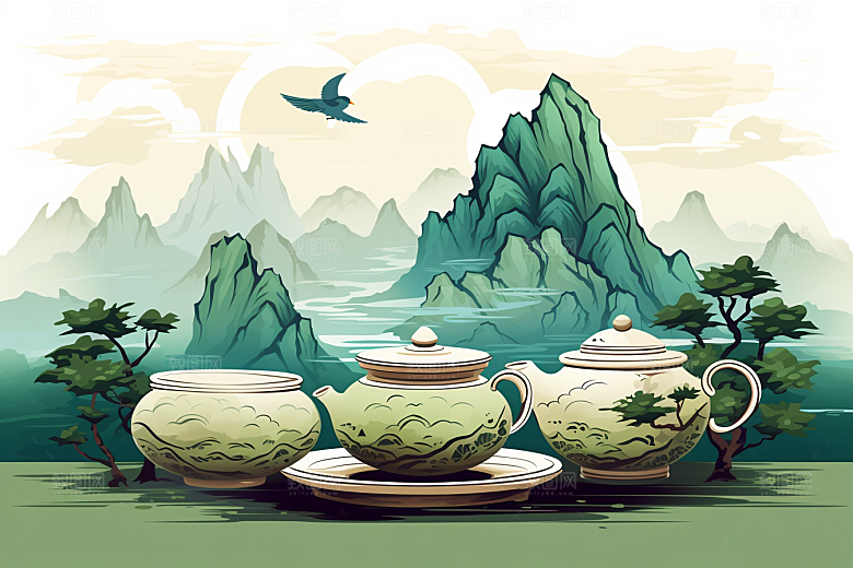 茶壶山水中国风水墨插画