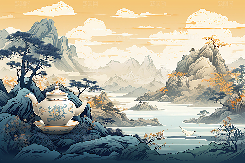 茶壶山水手绘国画插画