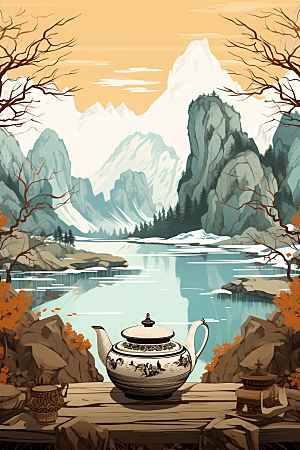 茶壶山水写实艺术风景插画