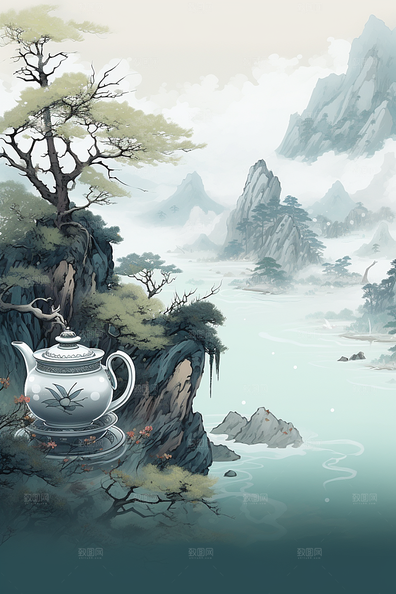 茶壶山水风景中国风插画