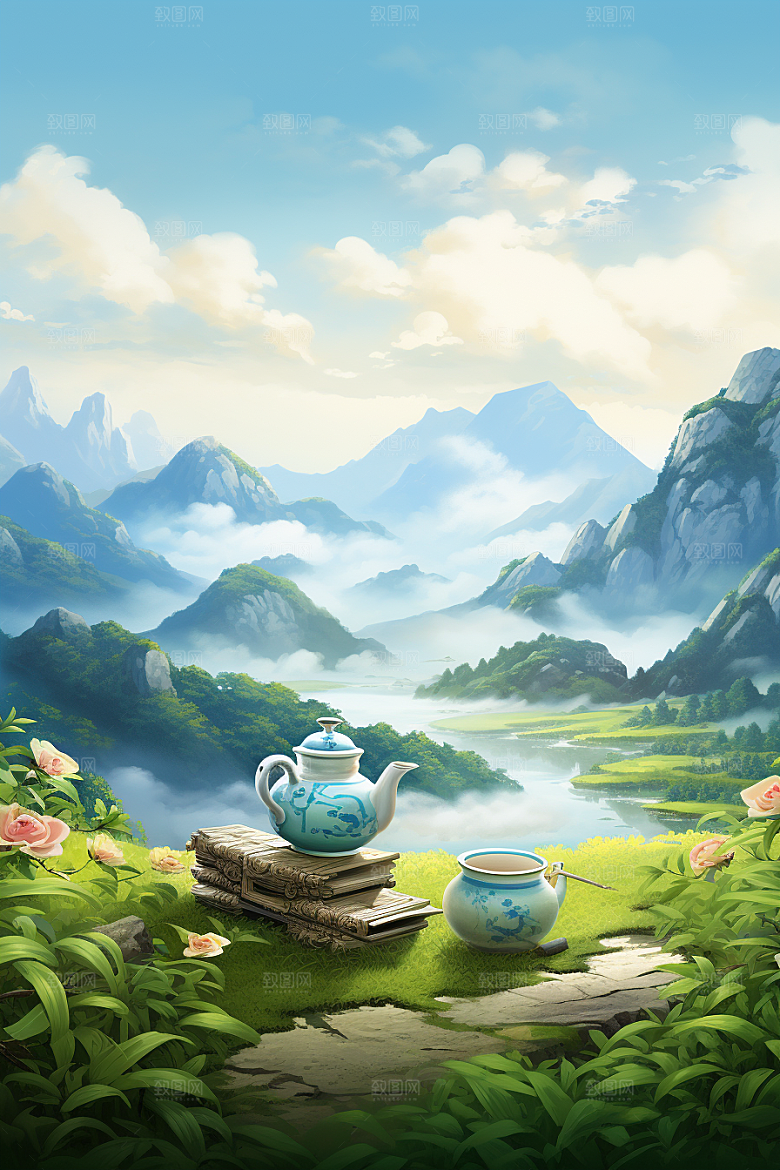 茶壶山水水墨国画插画