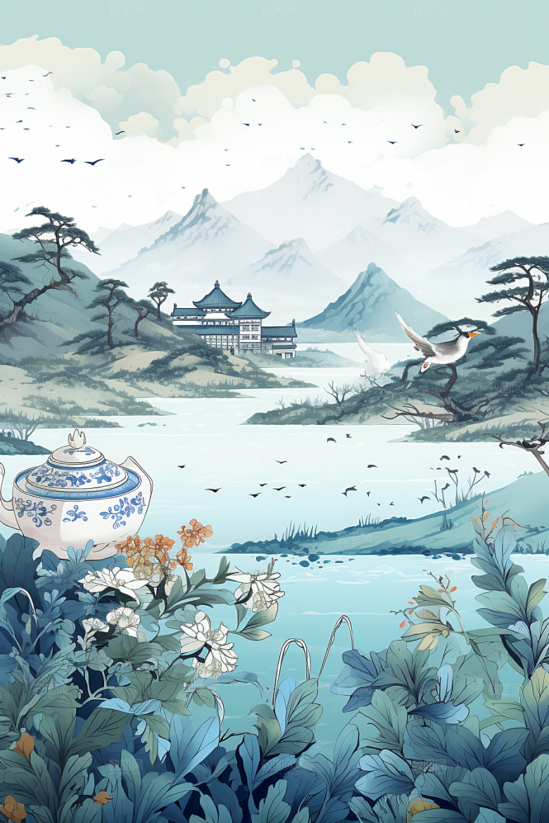 茶壶山水手绘水墨插画