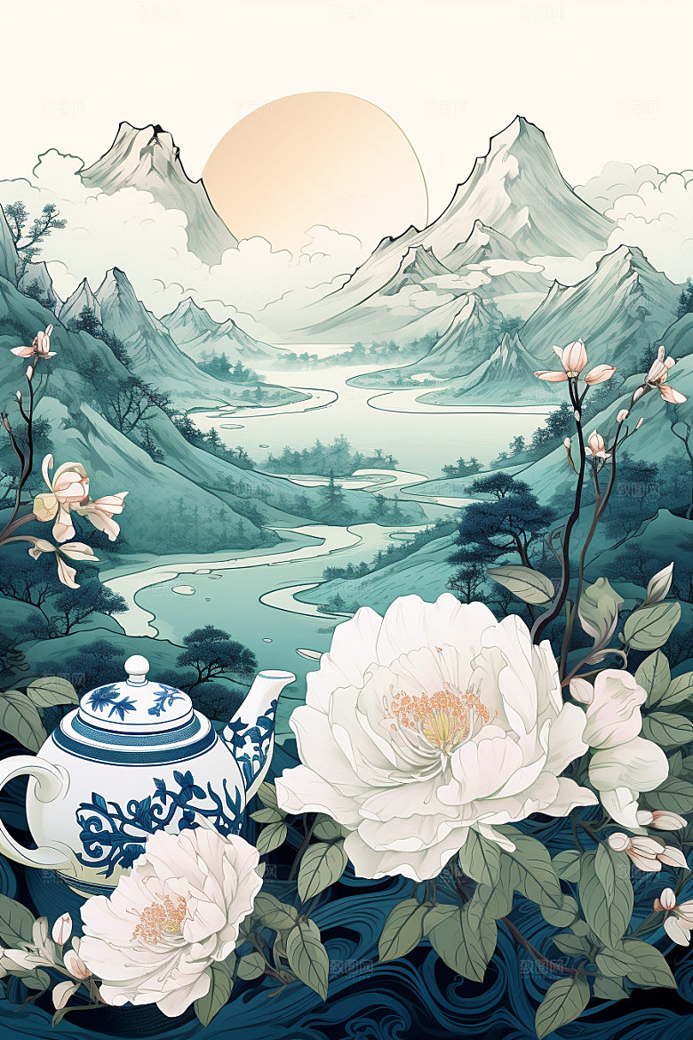 茶壶山水水墨国画插画