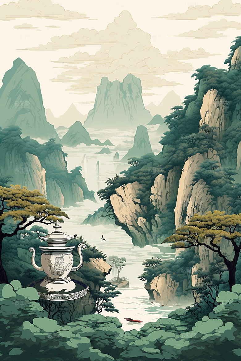 茶壶山水水墨手绘插画