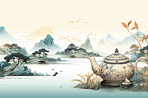 茶壶山水水墨风景插画