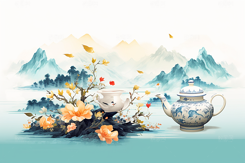 茶壶山水水墨手绘插画