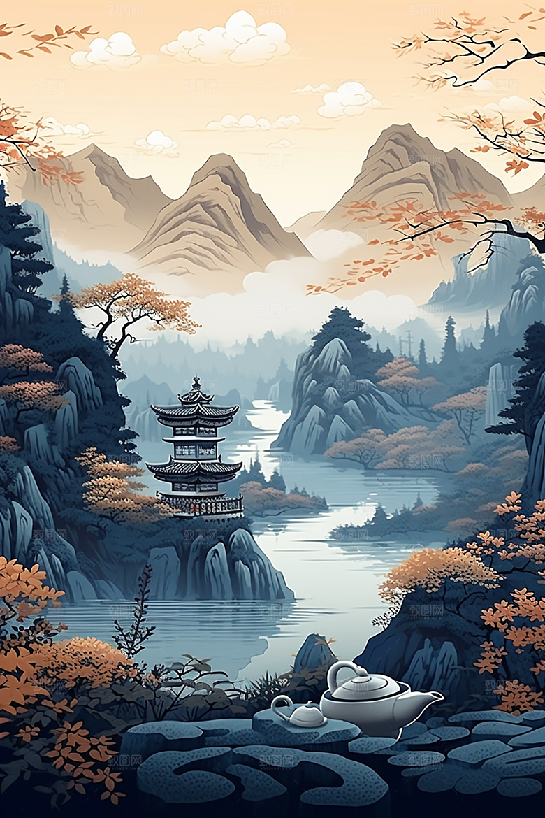 茶壶山水中国风风景插画