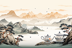 茶壶山水风景水墨插画