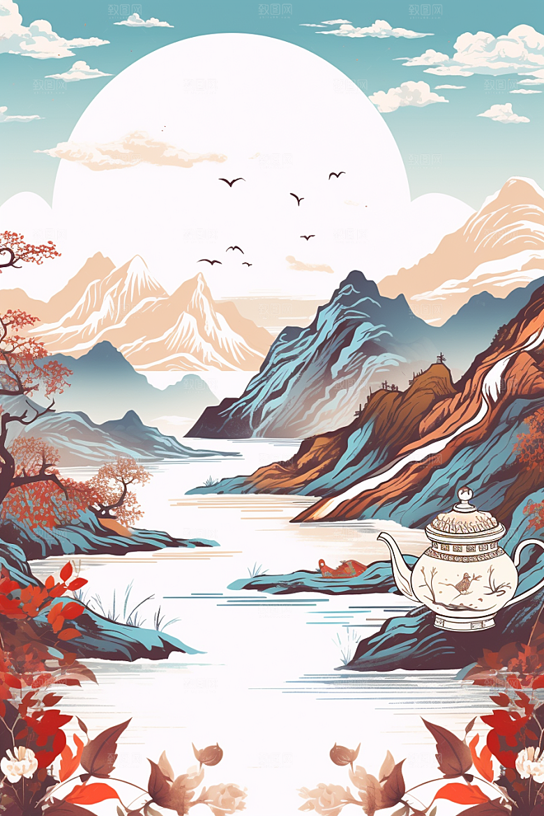 茶壶山水国画手绘插画