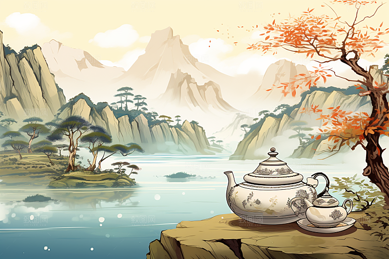 茶壶山水中国风国画插画