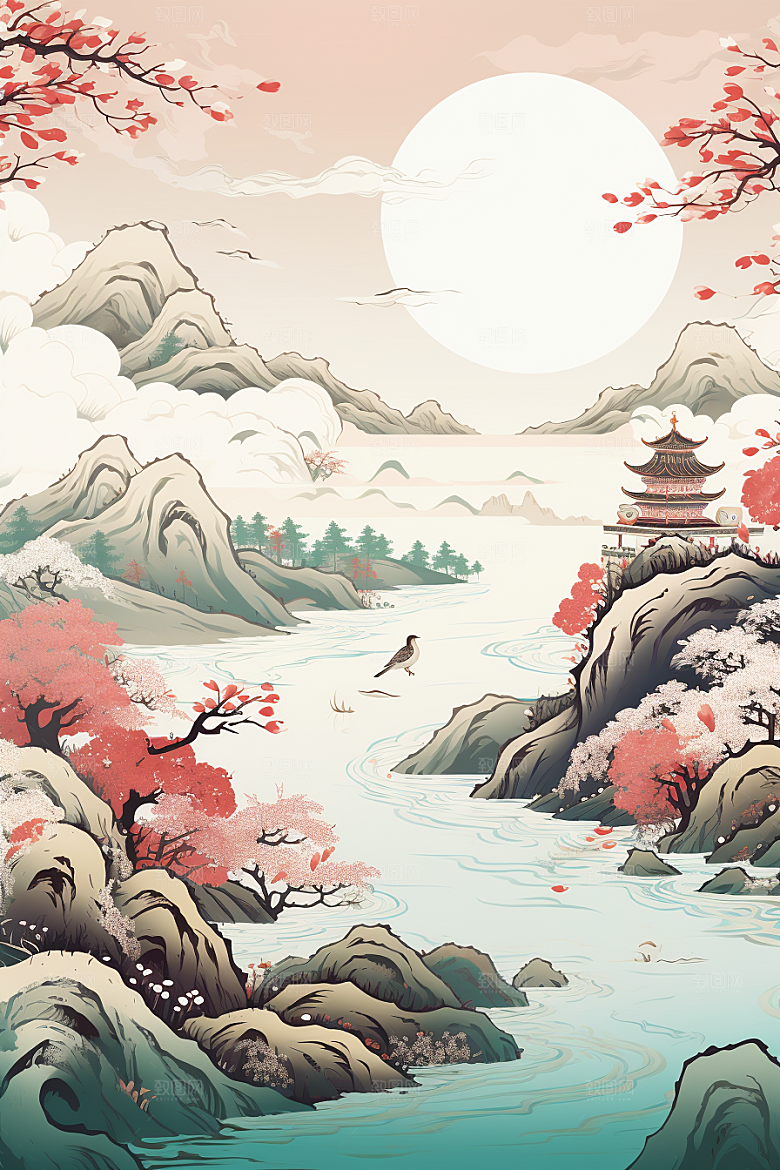 茶壶山水风景手绘插画