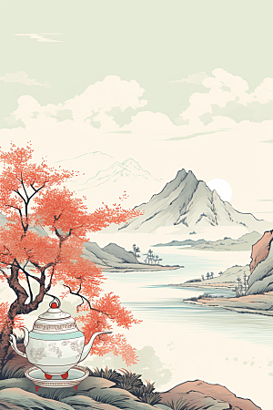茶壶山水风景水墨插画