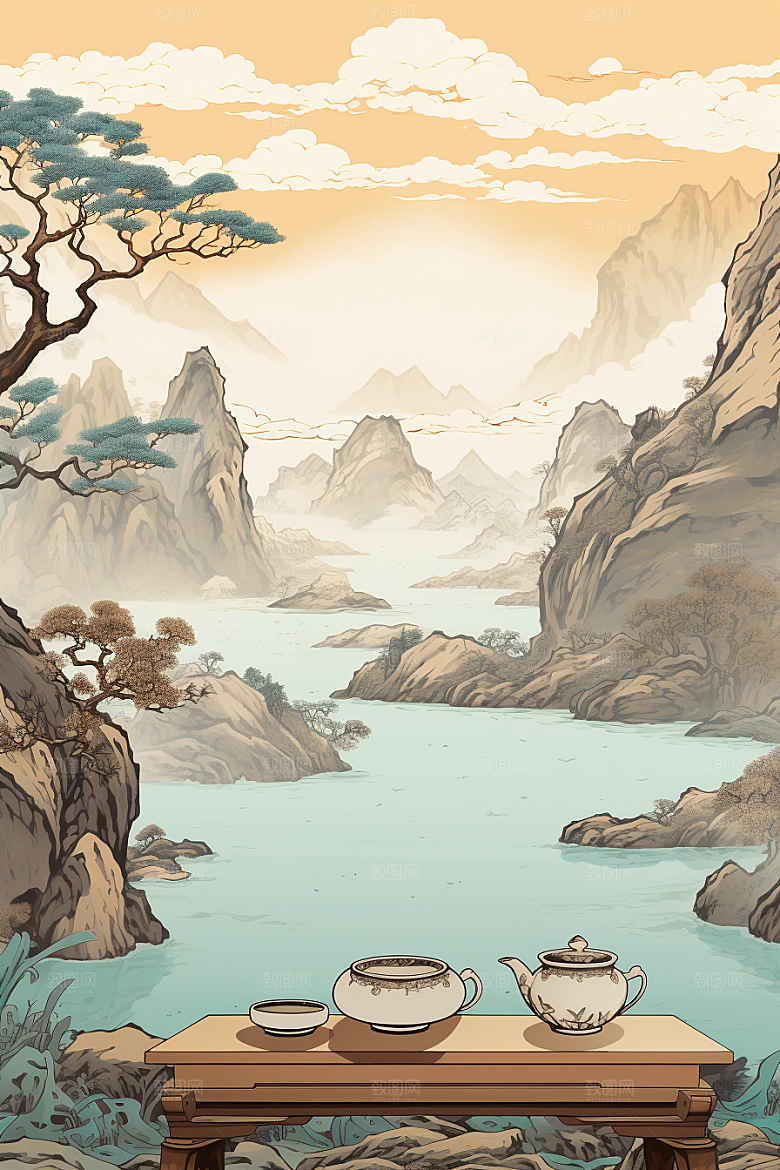 茶壶山水中国风水墨插画
