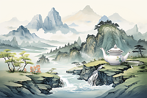 茶壶山水中国风手绘插画