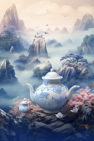 茶壶山水中国风手绘插画