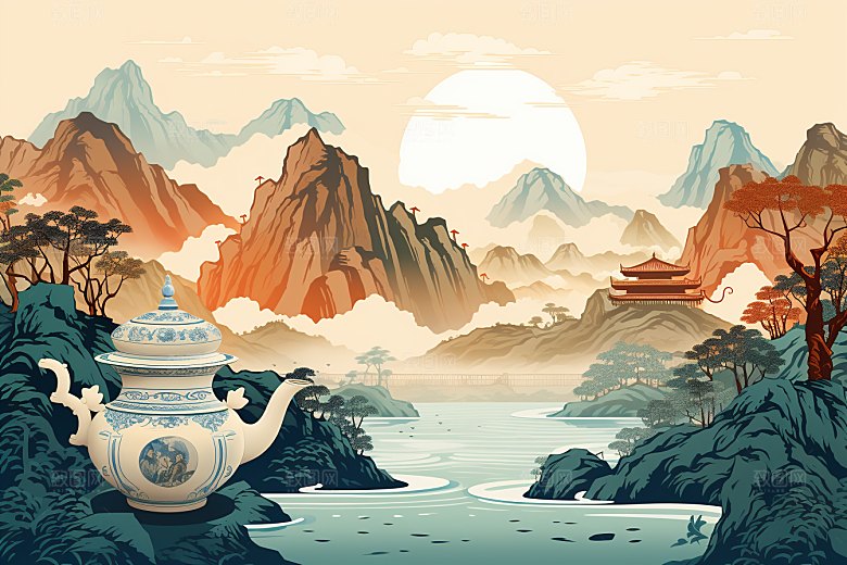 茶壶山水水墨写实艺术插画