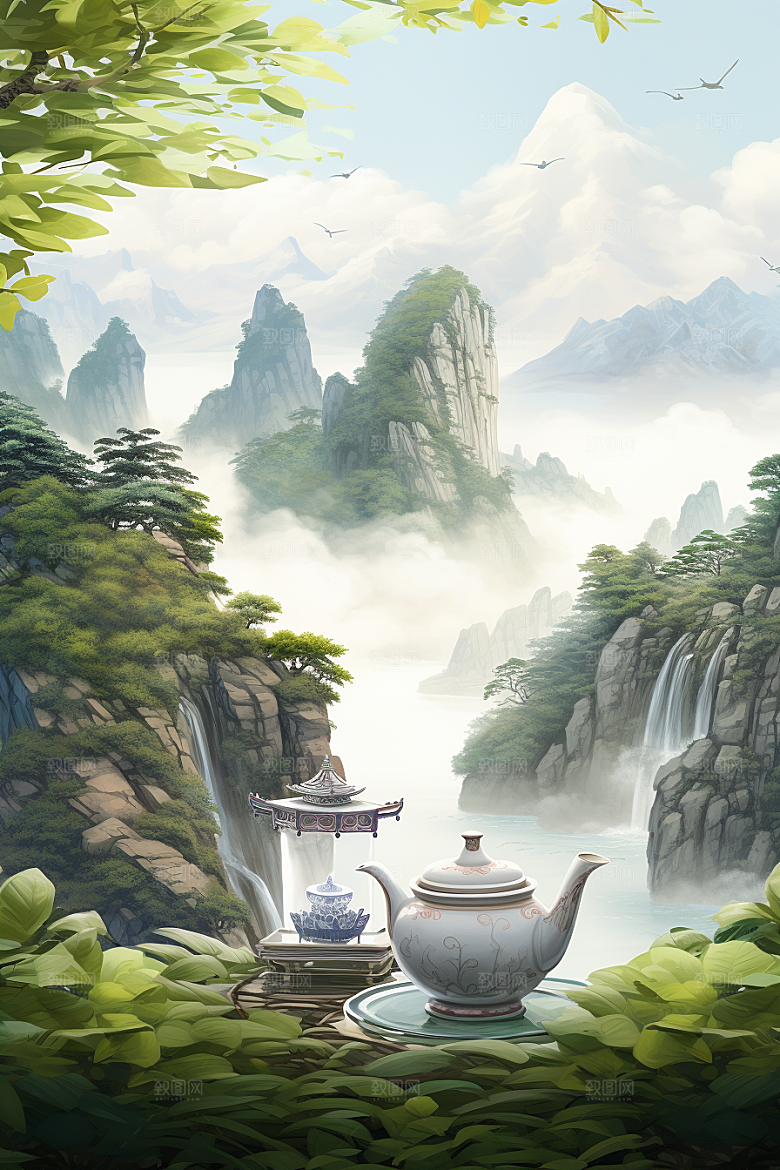 茶壶山水写实艺术中国风插画