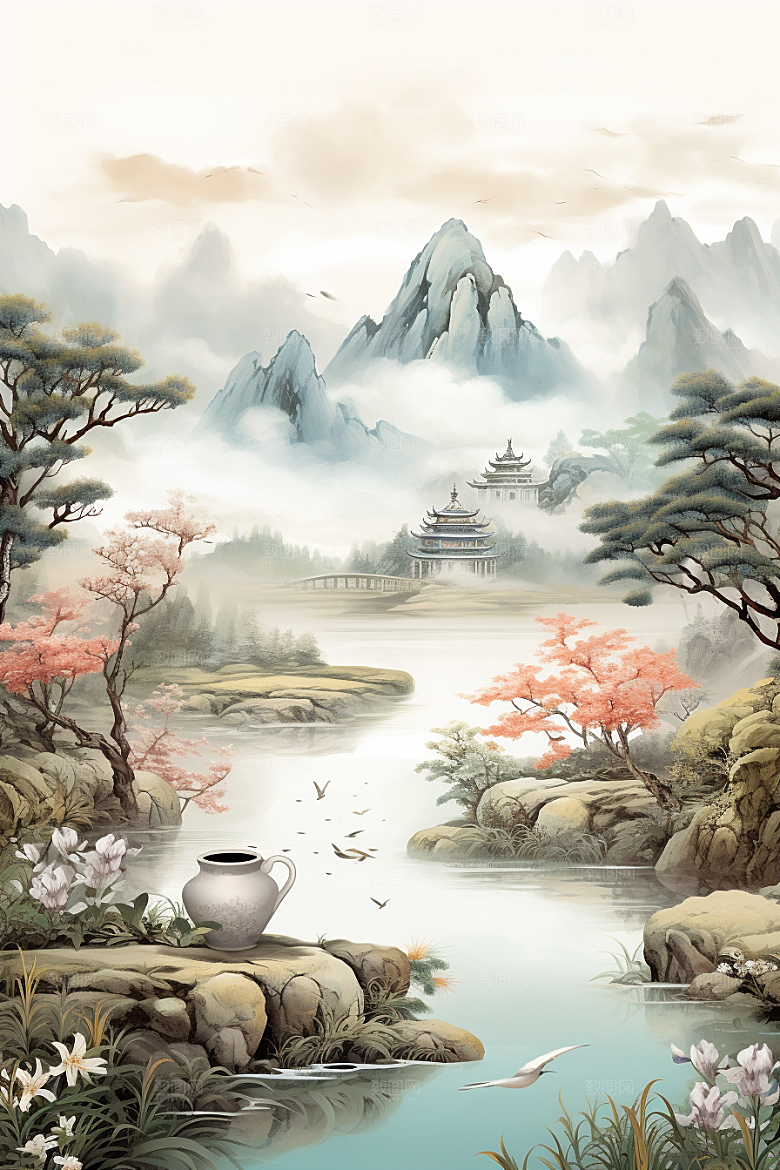 茶壶山水风景水墨插画