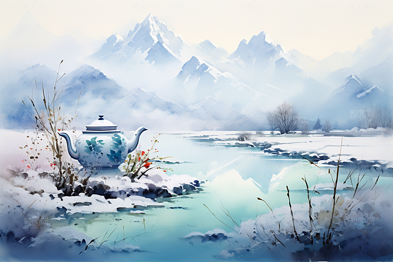 茶壶山水水墨写实艺术插画