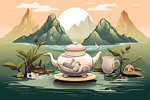 茶壶山水中国风国画插画