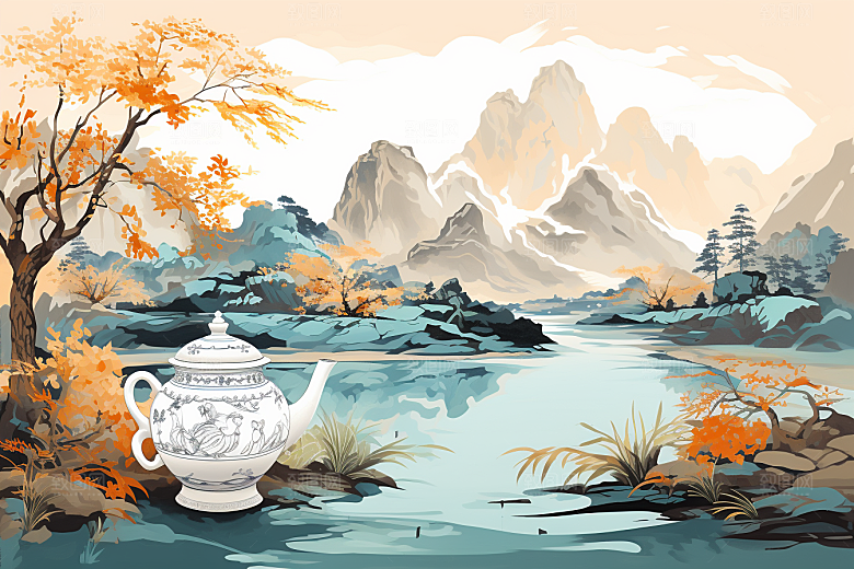 茶壶山水水墨写实艺术插画