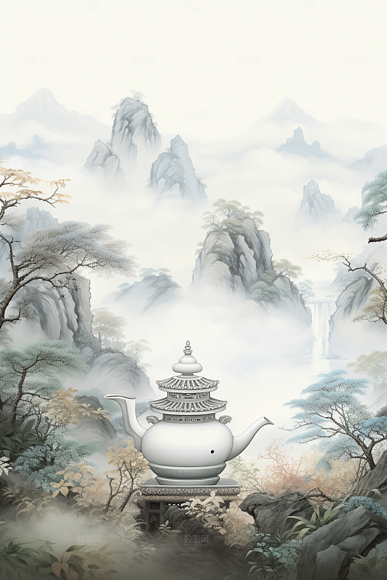 茶壶山水国画中国风插画