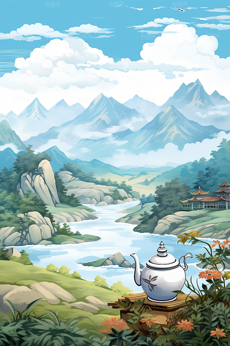 茶壶山水国画风景插画